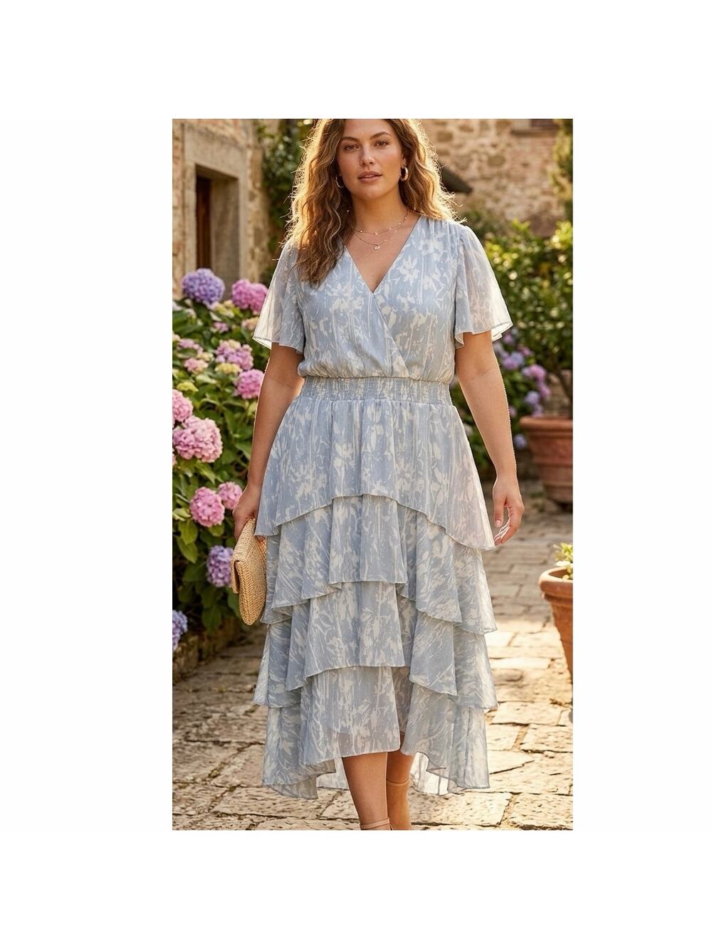 Vince Camuto XL Light Blue Floral Tiered Ruffle Flutter Sleeve Midi Dress